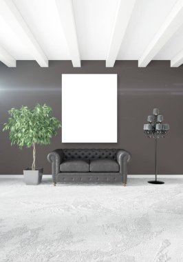 Dikey yatak odası en az ya da Loft tarzı iç tasarım. 3D render. Kavram fikir.