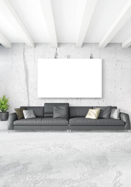 Dikey yatak odası en az ya da Loft tarzı iç tasarım. 3D render. Kavram fikir.