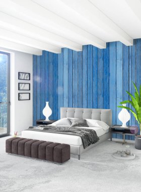 Dikey yatak odası en az ya da Loft tarzı iç tasarım. 3D render. Kavram fikir.