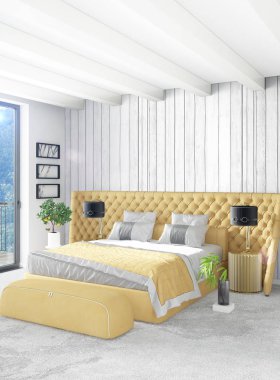 Dikey yatak odası en az ya da Loft tarzı iç tasarım. 3D render. Kavram fikir.