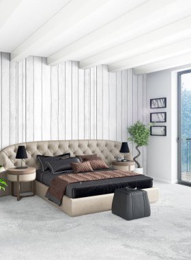 Dikey yatak odası en az ya da Loft tarzı iç tasarım. 3D render. Kavram fikir.