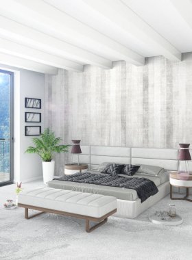 Dikey yatak odası en az ya da Loft tarzı iç tasarım. 3D render. Kavram fikir.