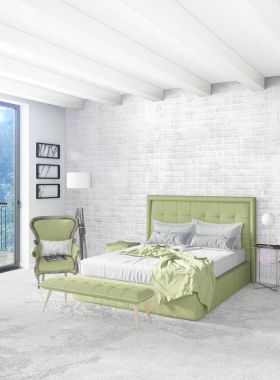 Dikey yatak odası en az ya da Loft tarzı iç tasarım. 3D render. Kavram fikir.