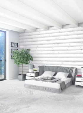Dikey yatak odası en az ya da Loft tarzı iç tasarım. 3D render. Kavram fikir.