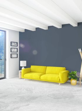 Dikey yatak odası en az ya da Loft tarzı iç tasarım. 3D render. Kavram fikir.