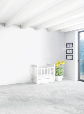 Dikey yatak odası en az ya da Loft tarzı iç tasarım. 3D render. Kavram fikir.