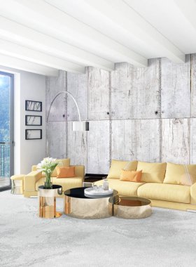 Dikey yatak odası en az ya da Loft tarzı iç tasarım. 3D render. Kavram fikir.