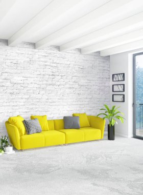 Dikey yatak odası en az ya da Loft tarzı iç tasarım. 3D render. Kavram fikir.