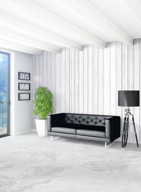 Dikey yatak odası en az ya da Loft tarzı iç tasarım. 3D render. Kavram fikir.