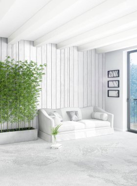 Dikey yatak odası en az ya da Loft tarzı iç tasarım. 3D render. Kavram fikir.