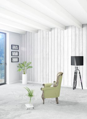 Dikey yatak odası en az ya da Loft tarzı iç tasarım. 3D render. Kavram fikir.