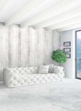 Dikey yatak odası en az ya da Loft tarzı iç tasarım. 3D render. Kavram fikir.