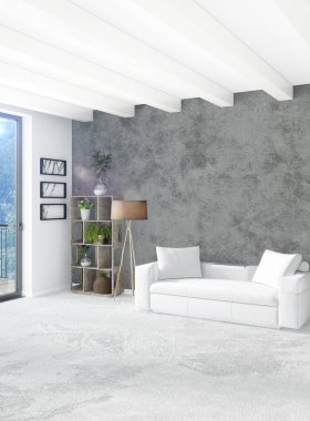 Dikey yatak odası en az ya da Loft tarzı iç tasarım. 3D render. Kavram fikir.