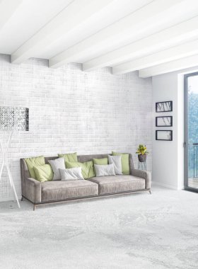 Dikey yatak odası en az ya da Loft tarzı iç tasarım. 3D render. Kavram fikir.