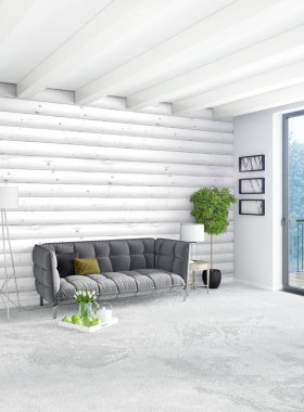 Dikey yatak odası en az ya da Loft tarzı iç tasarım. 3D render. Kavram fikir.