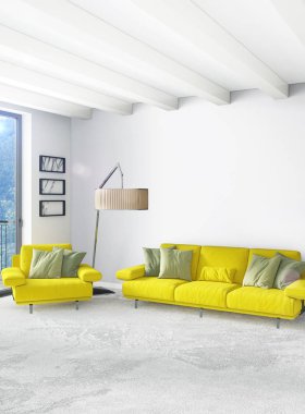 Dikey yatak odası en az ya da Loft tarzı iç tasarım. 3D render. Kavram fikir.
