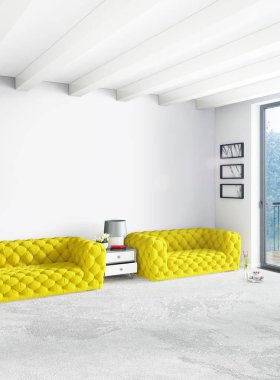 Dikey yatak odası en az ya da Loft tarzı iç tasarım. 3D render. Kavram fikir.