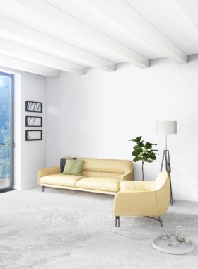 Dikey yatak odası en az ya da Loft tarzı iç tasarım. 3D render. Kavram fikir.