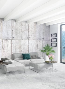 Dikey yatak odası en az ya da Loft tarzı iç tasarım. 3D render. Kavram fikir.