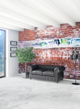 Dikey yatak odası en az ya da Loft tarzı iç tasarım. 3D render. Kavram fikir.