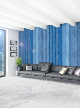 Dikey yatak odası en az ya da Loft tarzı iç tasarım. 3D render. Kavram fikir.