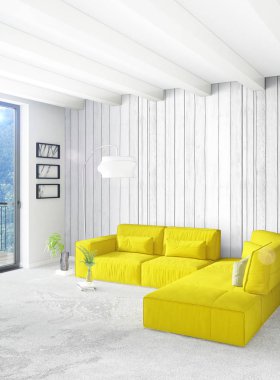 Dikey yatak odası en az ya da Loft tarzı iç tasarım. 3D render. Kavram fikir.