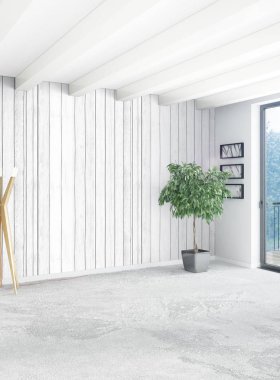 Dikey yatak odası en az ya da Loft tarzı iç tasarım. 3D render. Kavram fikir.