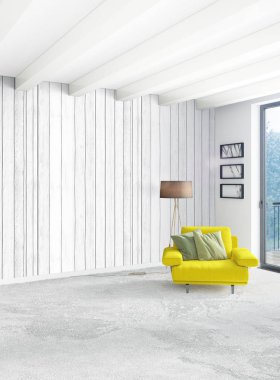 Dikey yatak odası en az ya da Loft tarzı iç tasarım. 3D render. Kavram fikir.