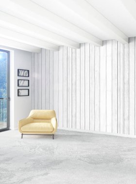 Dikey yatak odası en az ya da Loft tarzı iç tasarım. 3D render. Kavram fikir.