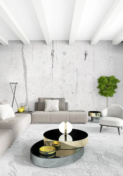 Dikey yatak odası en az ya da Loft tarzı iç tasarım. 3D render. Kavram fikir.