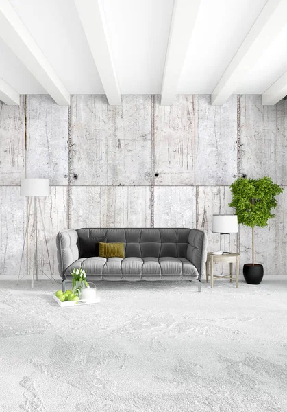 Dikey yatak odası en az ya da Loft tarzı iç tasarım. 3D render. Kavram fikir.