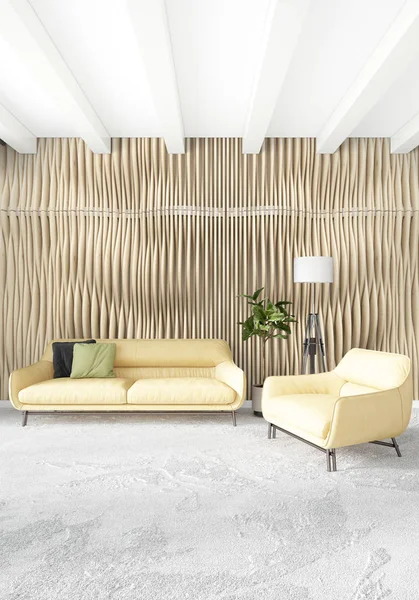 Dikey yatak odası en az ya da Loft tarzı iç tasarım. 3D render. Kavram fikir.