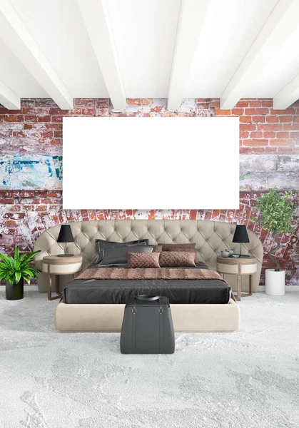 Dikey yatak odası en az ya da Loft tarzı iç tasarım. 3D render. Kavram fikir.