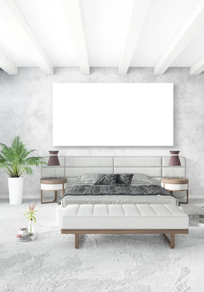 Dikey yatak odası en az ya da Loft tarzı iç tasarım. 3D render. Kavram fikir.