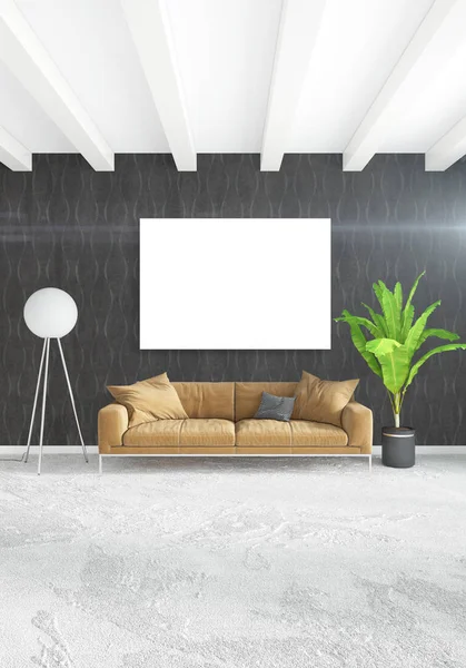 Dikey yatak odası en az ya da Loft tarzı iç tasarım. 3D render. Kavram fikir.