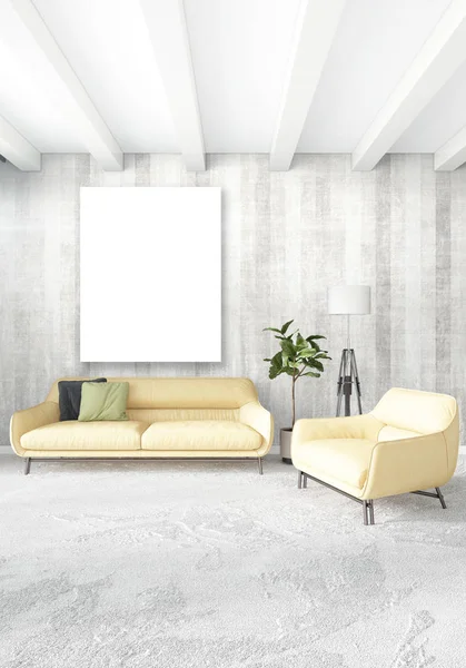 Dikey yatak odası en az ya da Loft tarzı iç tasarım. 3D render. Kavram fikir.