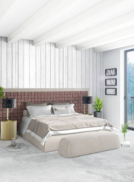 Vertical Bedroom Minimal or Loft style Interior Design. 3D Rendering. Concept idea. — Stock Photo, Image