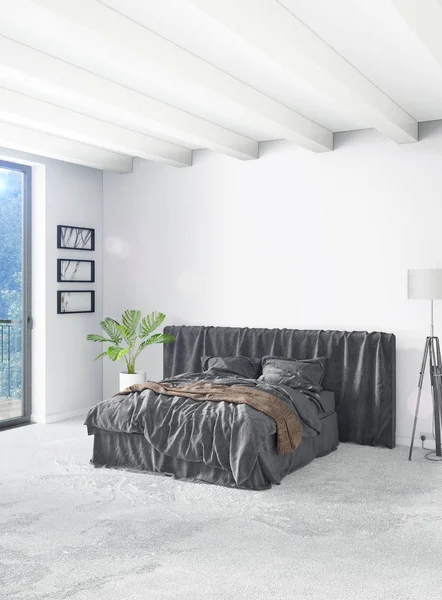 Dikey yatak odası en az ya da Loft tarzı iç tasarım. 3D render. Kavram fikir.