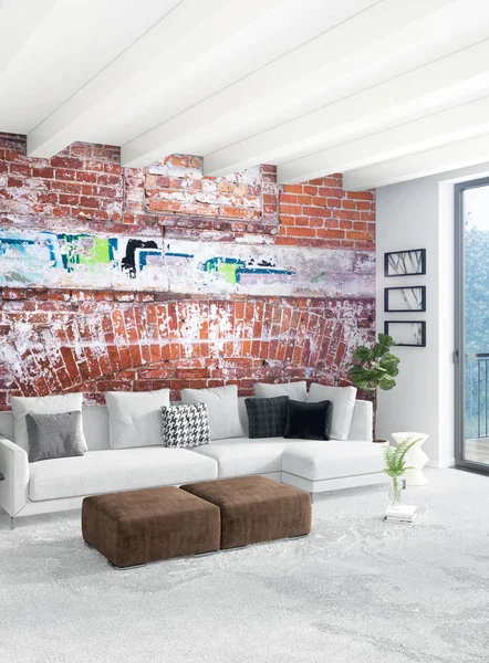 Dikey yatak odası en az ya da Loft tarzı iç tasarım. 3D render. Kavram fikir.