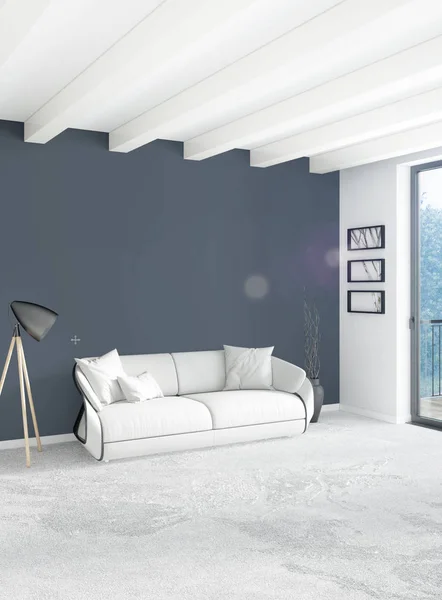 Dormitorio vertical de estilo minimalista o loft de diseño de interiores. Representación 3D. Concepto idea . —  Fotos de Stock