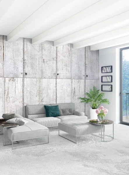 Dikey yatak odası en az ya da Loft tarzı iç tasarım. 3D render. Kavram fikir.