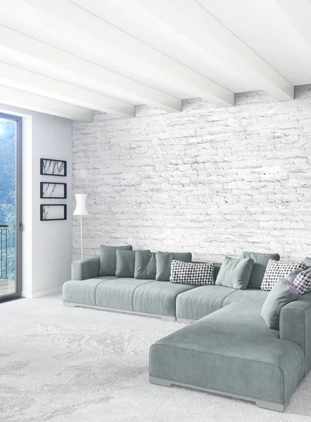 Dikey yatak odası en az ya da Loft tarzı iç tasarım. 3D render. Kavram fikir.