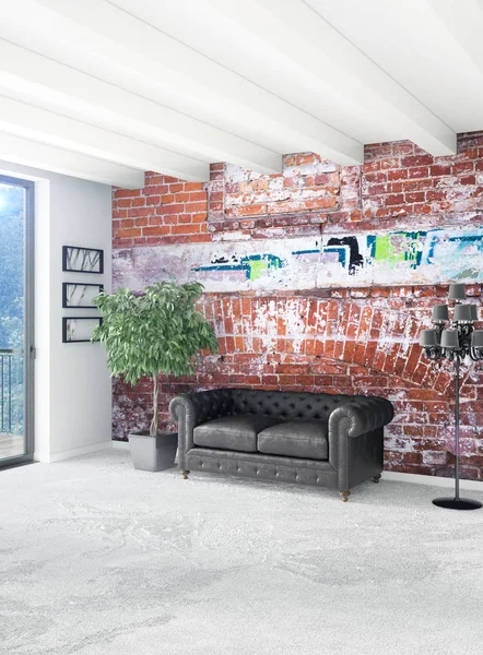 Dikey yatak odası en az ya da Loft tarzı iç tasarım. 3D render. Kavram fikir.