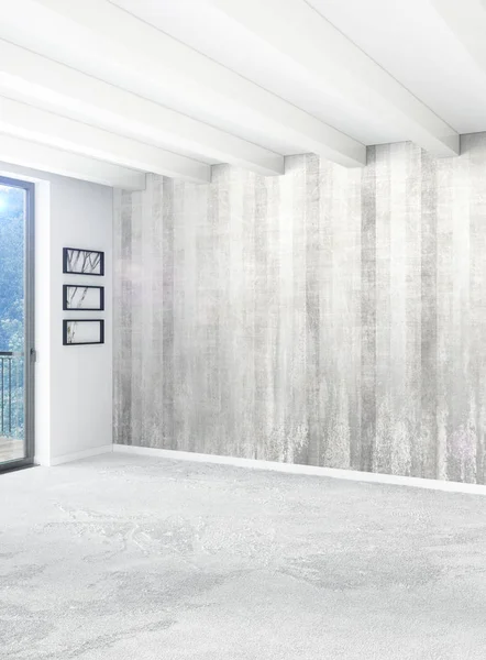 Dikey yatak odası en az ya da Loft tarzı iç tasarım. 3D render. Kavram fikir.