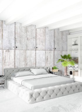 Modern çatı iç yatak odası veya oturma odası alanı ile eklektik duvar ile. 3D render.