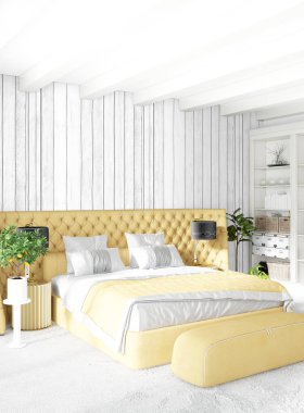 Modern çatı iç yatak odası veya oturma odası alanı ile eklektik duvar ile. 3D render.