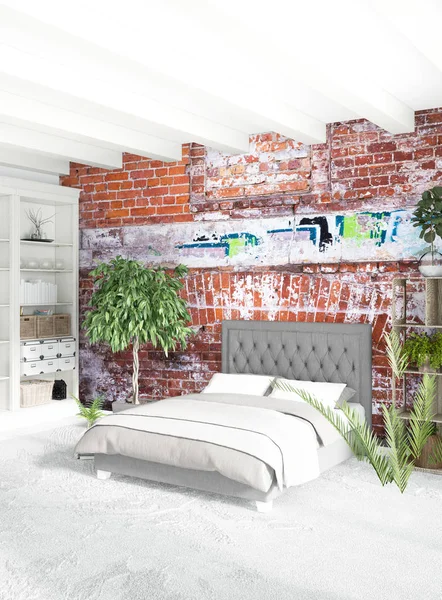 Modern çatı iç yatak odası veya oturma odası alanı ile eklektik duvar ile. 3D render.