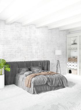 Modern çatı iç yatak odası veya oturma odası alanı ile eklektik duvar ile. 3D render.