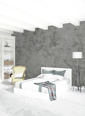 Modern çatı iç yatak odası veya oturma odası alanı ile eklektik duvar ile. 3D render.