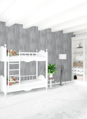 Modern çatı iç bebek odası veya kreş alanı ile eklektik duvar ile. 3D render.